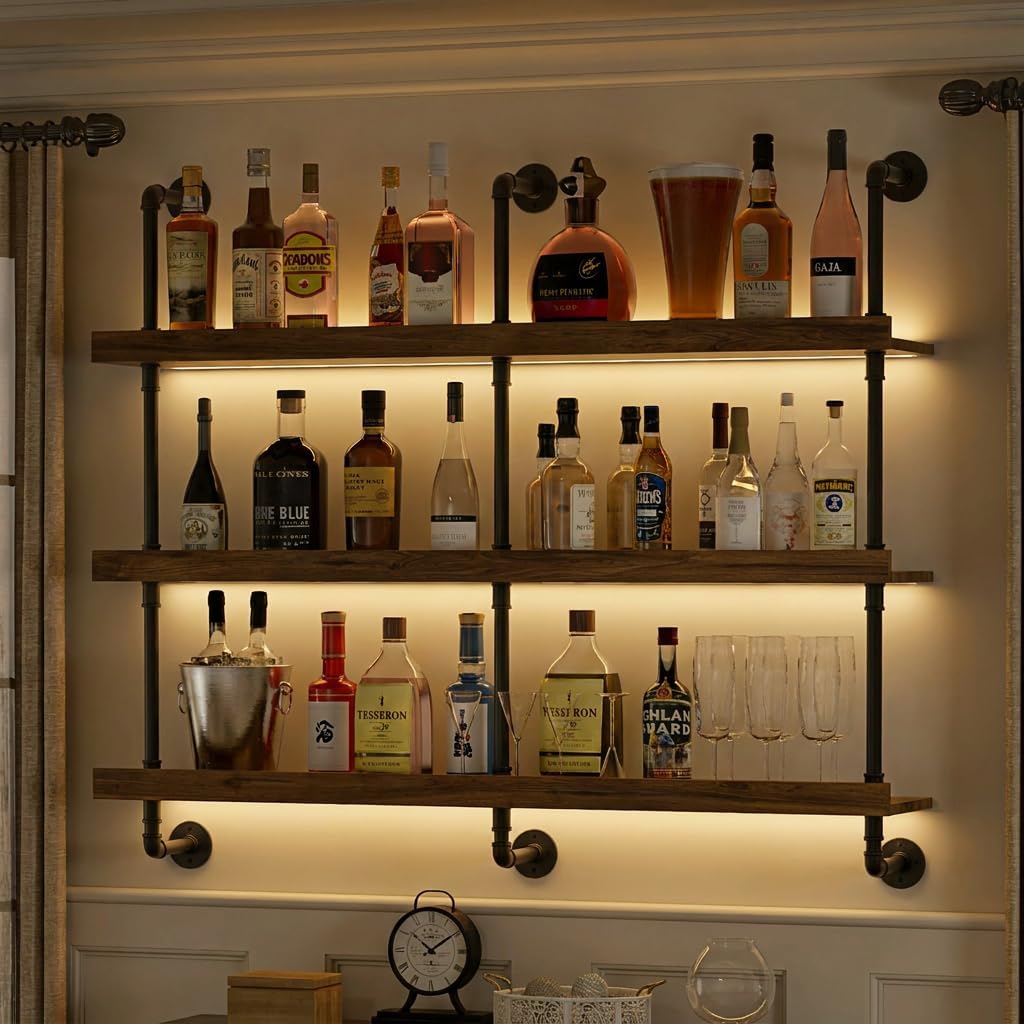 Home Bar Shelves - Rak Anggur Dinding dengan Lampu LED,