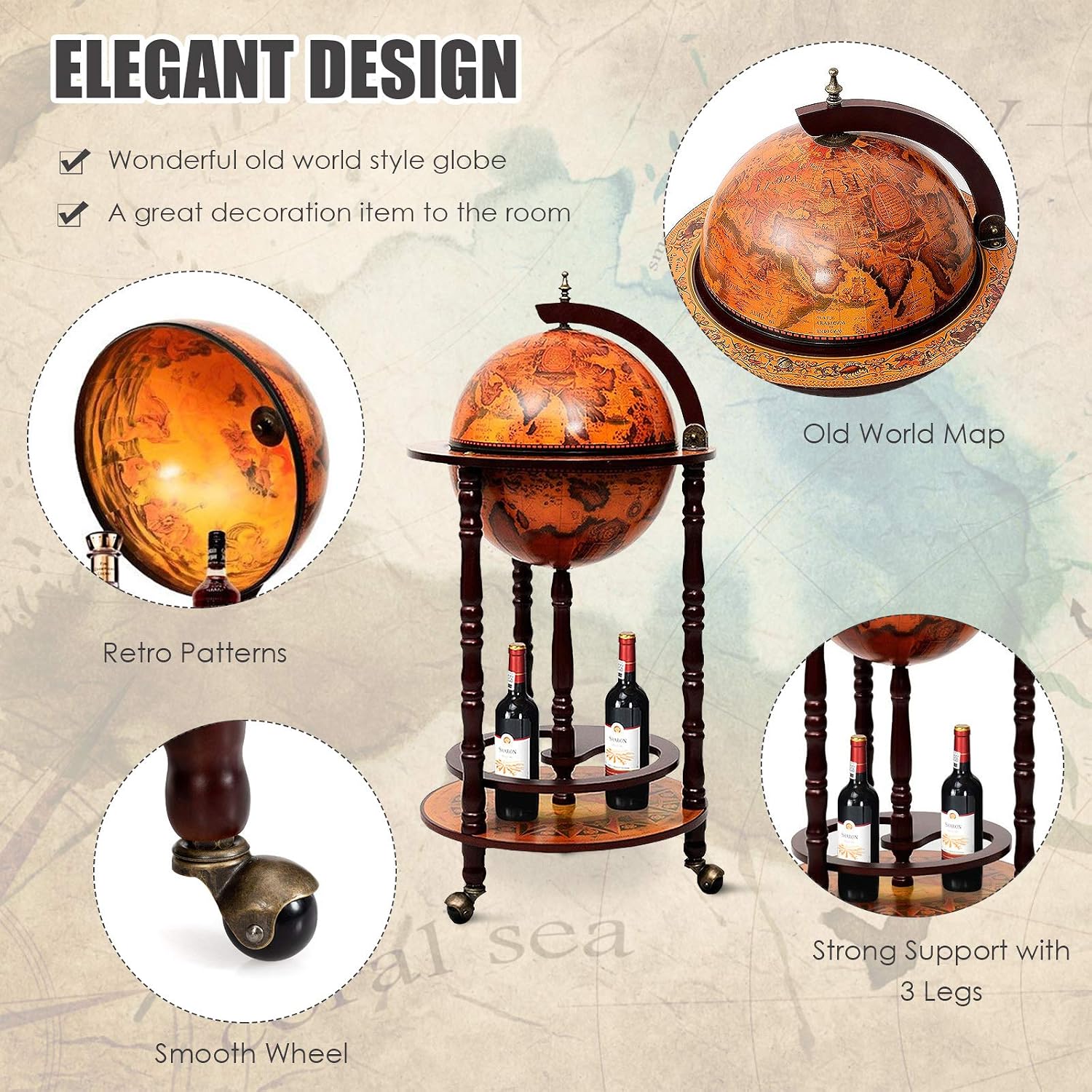 Kabinet Bar Globe dengan Roda, - Home Bar Shelves ulasan dan harga
