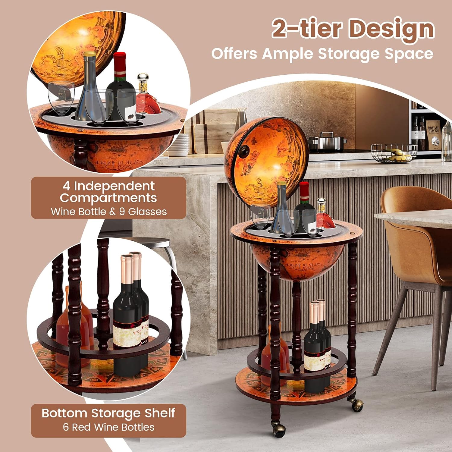 Kabinet Bar Globe dengan Roda, - Home Bar Shelves ulasan dan harga